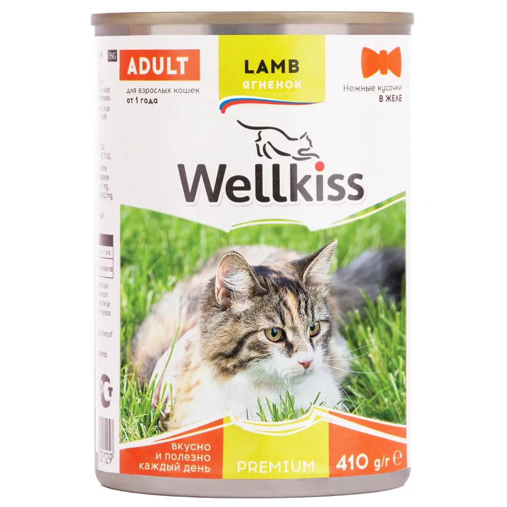 Wellkiss Влажный корм (консервы) для кошек, нежные кусочки с ягненком в желе, 410 гр.