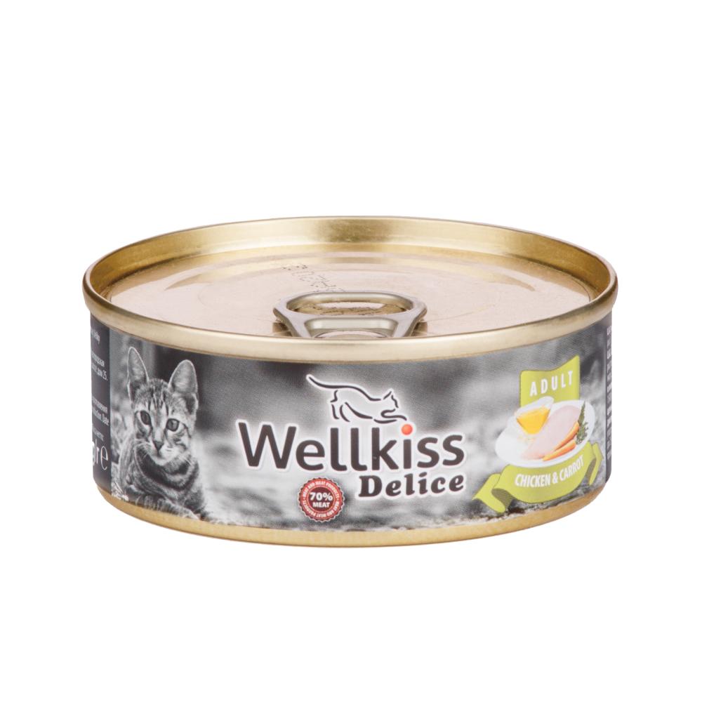 Wellkiss Влажный корм (консервы) для кошек, цыпленок с морковью, 100 гр.