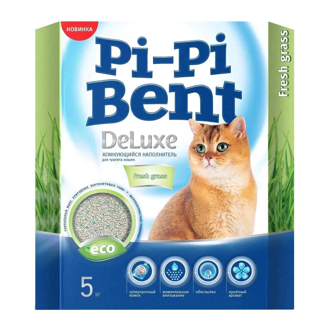 Pi-Pi-Bent Наполнитель бентонитовый комкующийся для кошачьего туалета Deluxe Fresh grass, 12 л (5 кг), с ароматом свежих трав