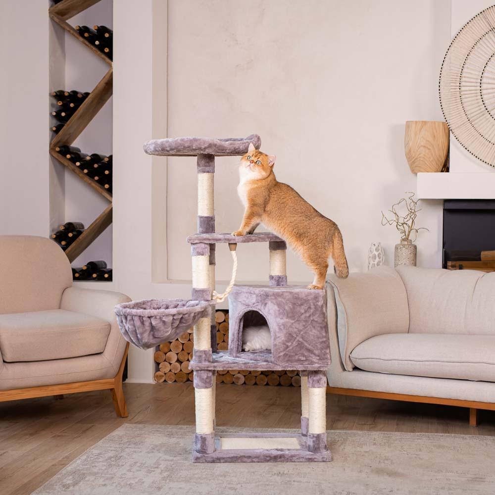 Petmax Дом-когтеточка (55,5х40,5х133,5 см) с гамаком и лежанкой для кошек, серый