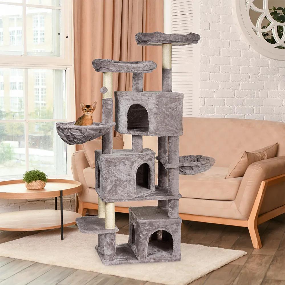 Petmax Дом-когтеточка (55х40х162,5 см) с домиками, гамаками и лежанками для кошек, серый