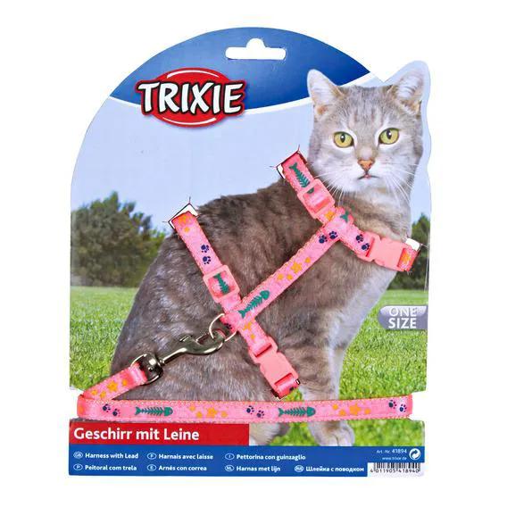 Trixie Шлейка с поводком с рисунком для кошки, размер шлейки 22-36 см, длина поводка 1,2 м