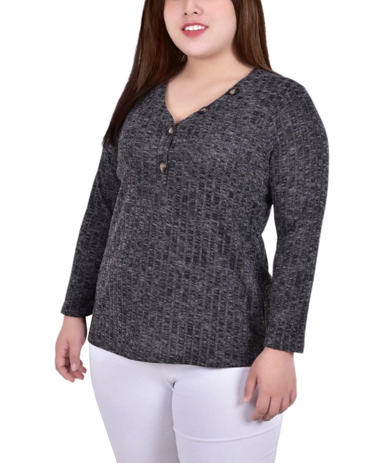 Женская Блузка NY Collection Plus Size Long Sleeve Ribbed Henley