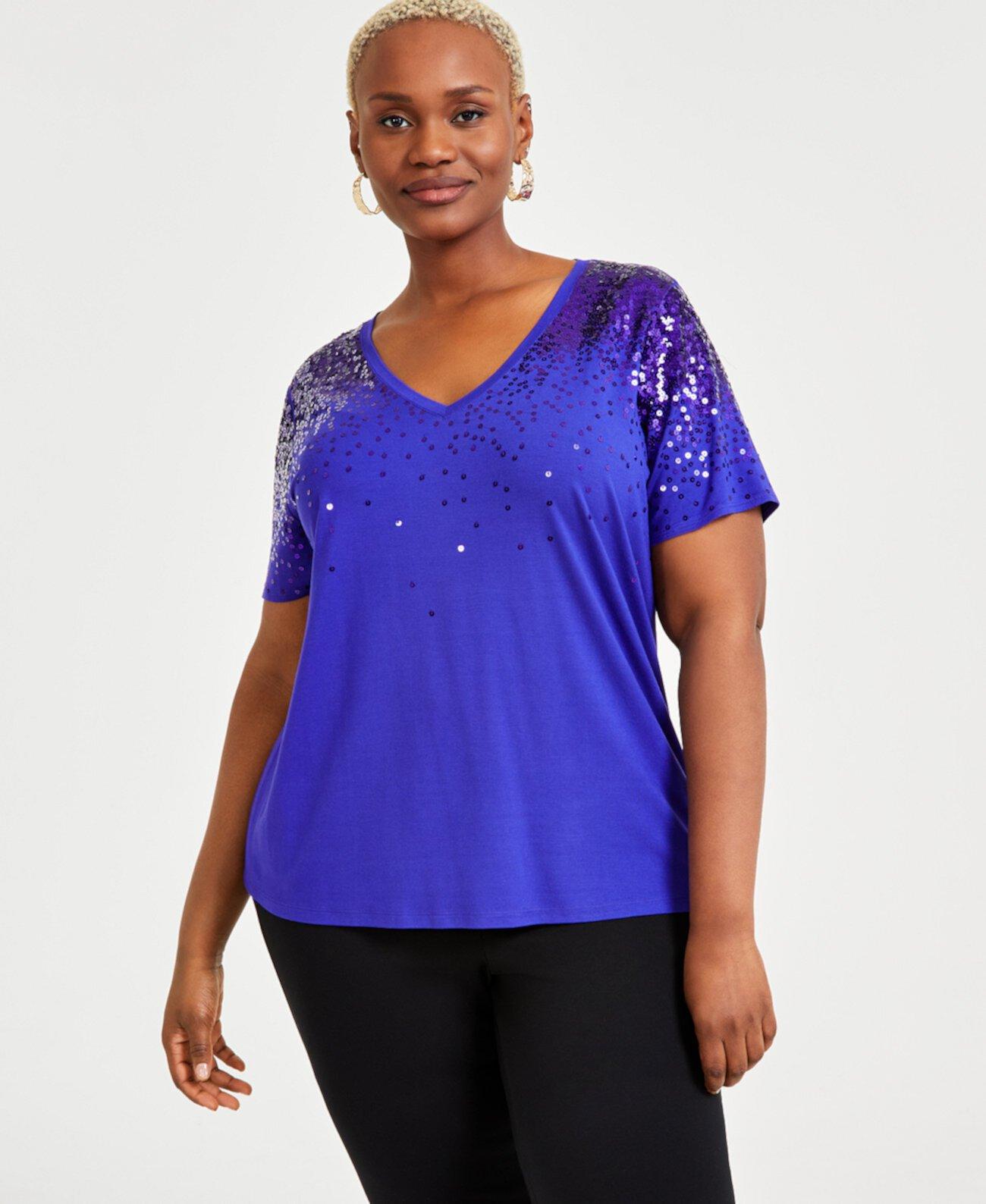 Plus Size Raining Sequin V-Neck Top, Created for Macy's