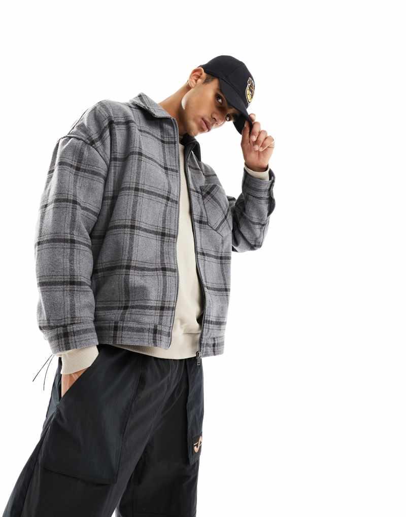 Мужская Куртка ASOS DESIGN Oversized Harrington Check в сером цвете