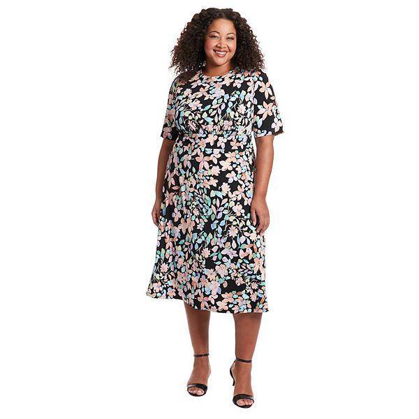 Женское платье с принтом Plus Size London Times Floral Print Elbow Sleeve Inset Waist Midi Dress