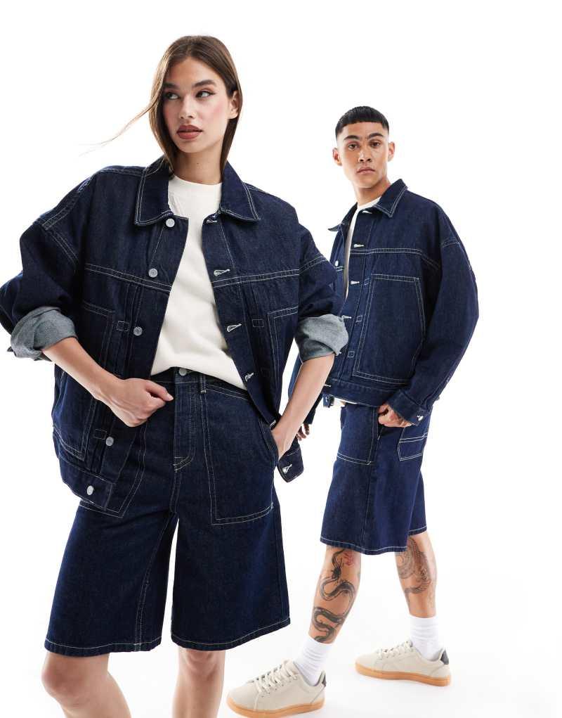 Унисекс Повседневные куртки ASOS DESIGN Oversized джинсовая куртка с контрастной строчкой в синем цвете