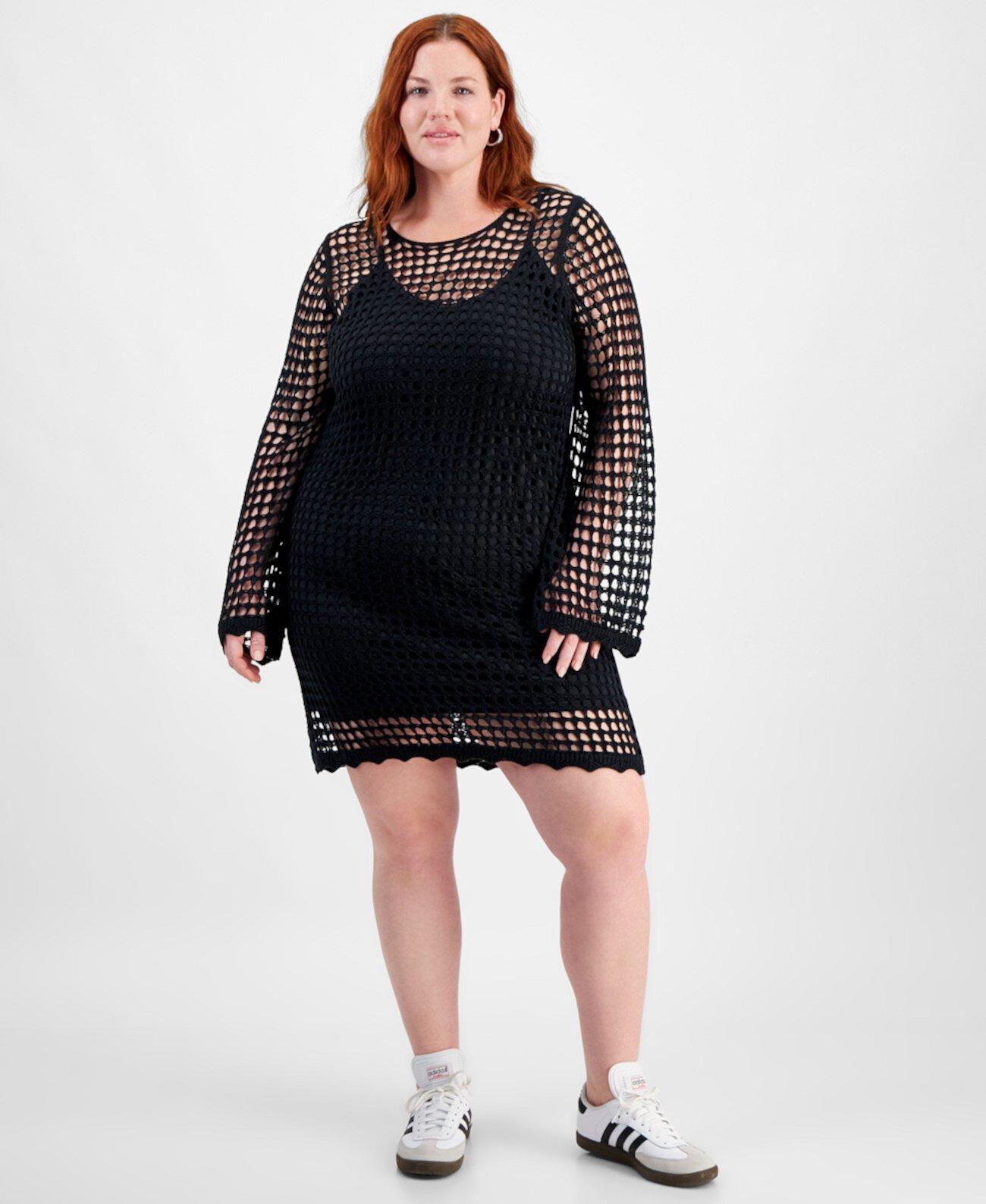 Платье Trendy Plus Size с открытым кружевным вязаным воротником и длинными рукавами