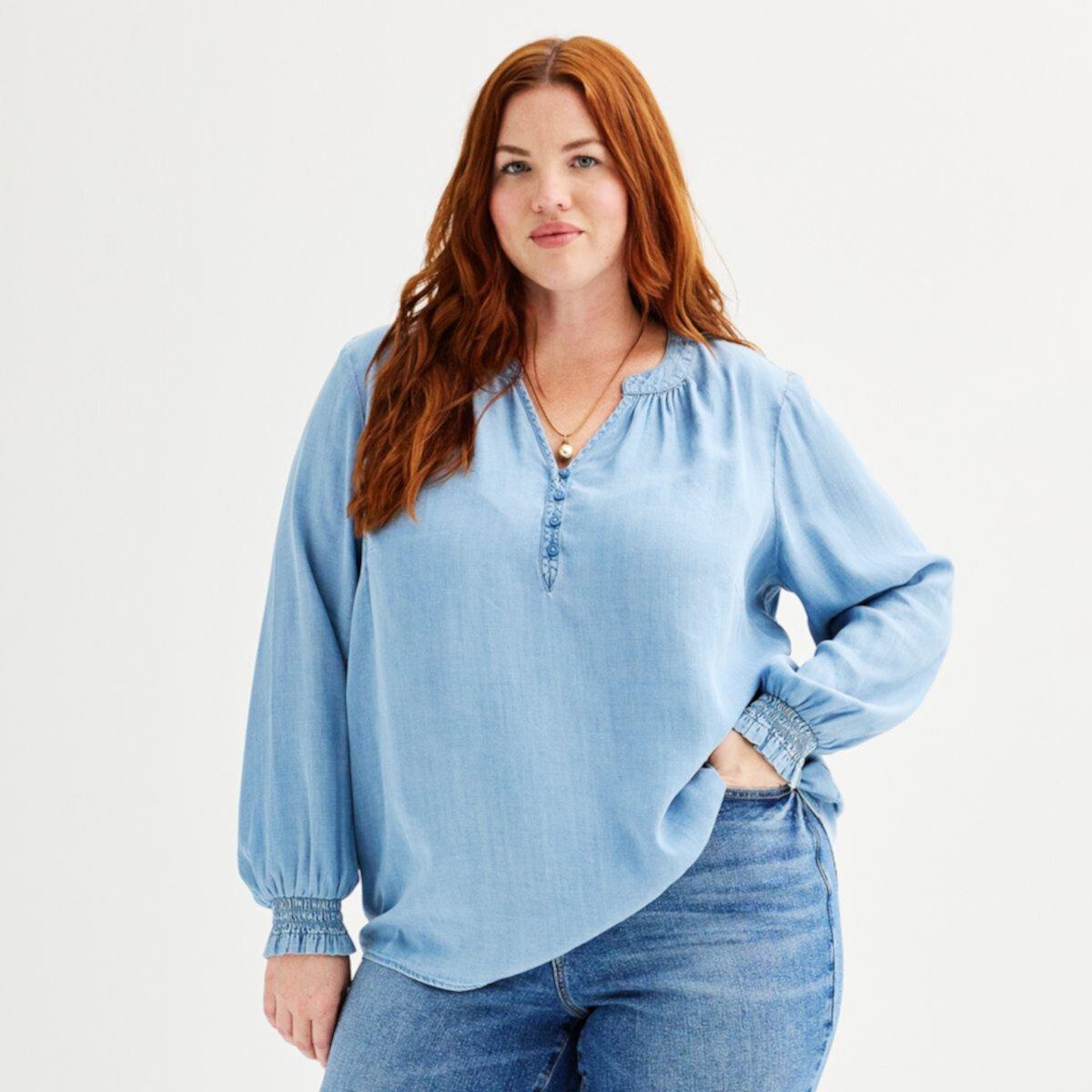 Блузка Plus Size Sonoma Goods For Life® с манжетами и вырезом Y из мягкого хлопка