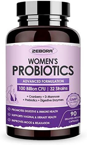 ZEBORA Probiotics for Women Digestive Health with Enzymes & Prebiotics 100 Billion CFUs| Vaginal Probiotics with D Mannose & Cranberry | Urinary Tract Health | Immune Support, 90 Capsules (Капсулы)