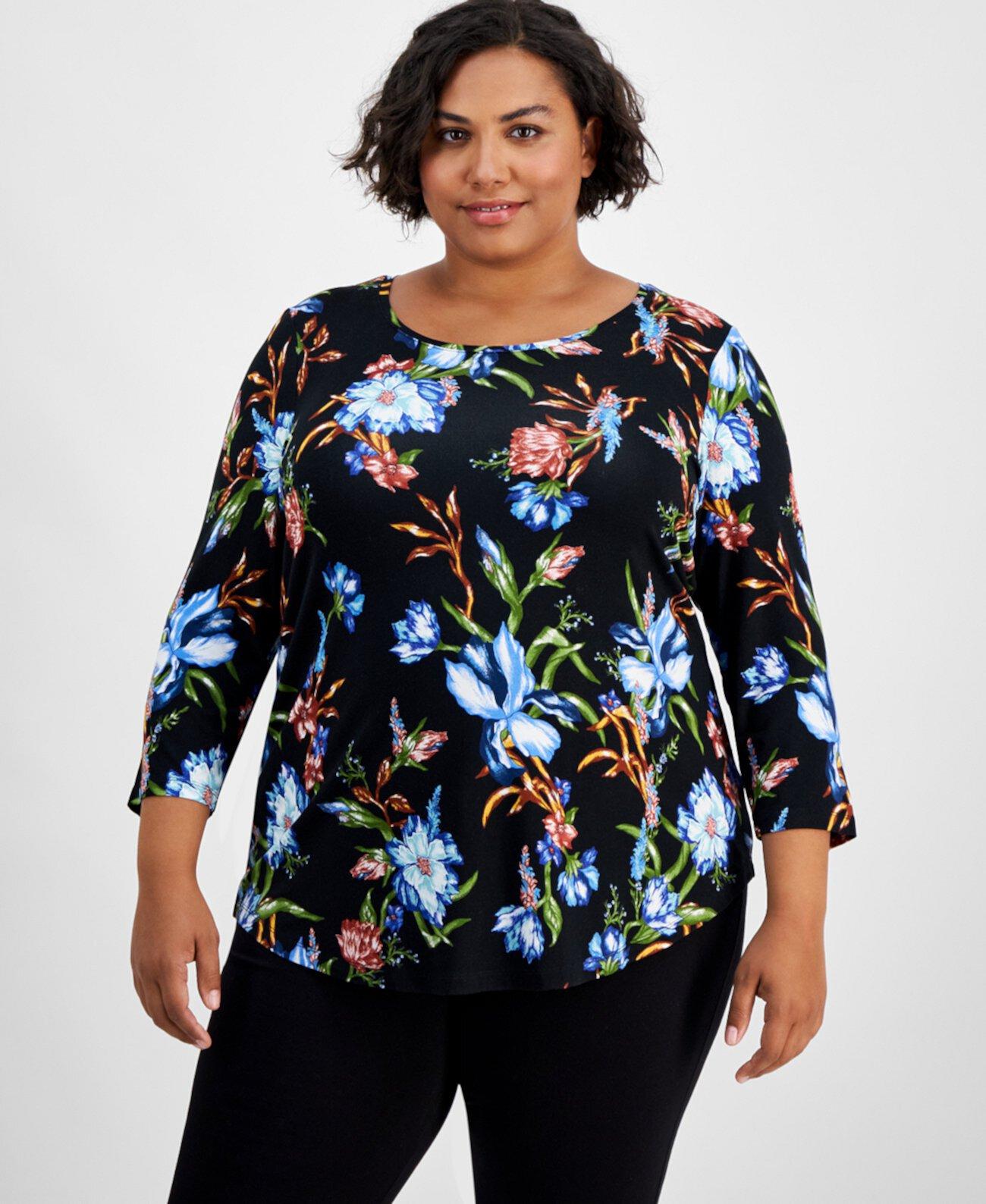 Женская Футболка J&M Collection Plus Size Botanical Blooms Scoop-Neck