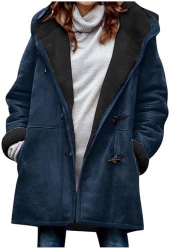 Plus Size Winter Coats for Women 2024 Warm Sherpa Fleece Lined Distressed Jackets Hooded Parka Faux Suede Pea Coat Outerwear