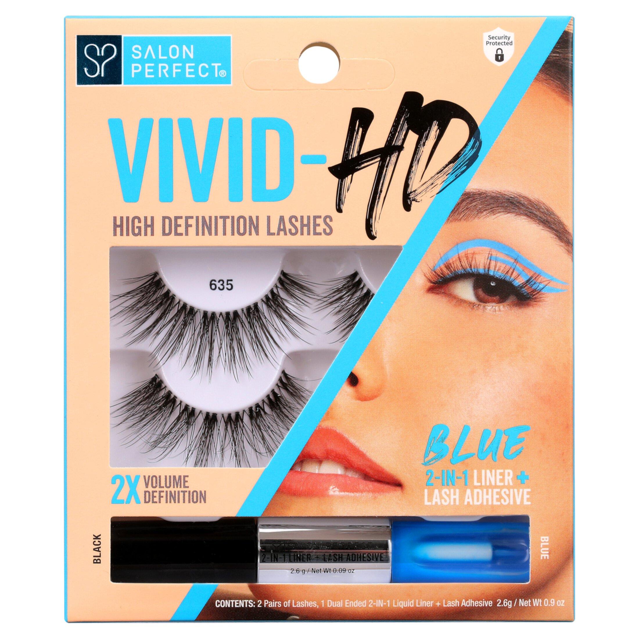 Накладные ресницы Vivid-HD 635 (2 пары) и жидкая подводка для глаз 2 в 1, черный/синий, 25 г