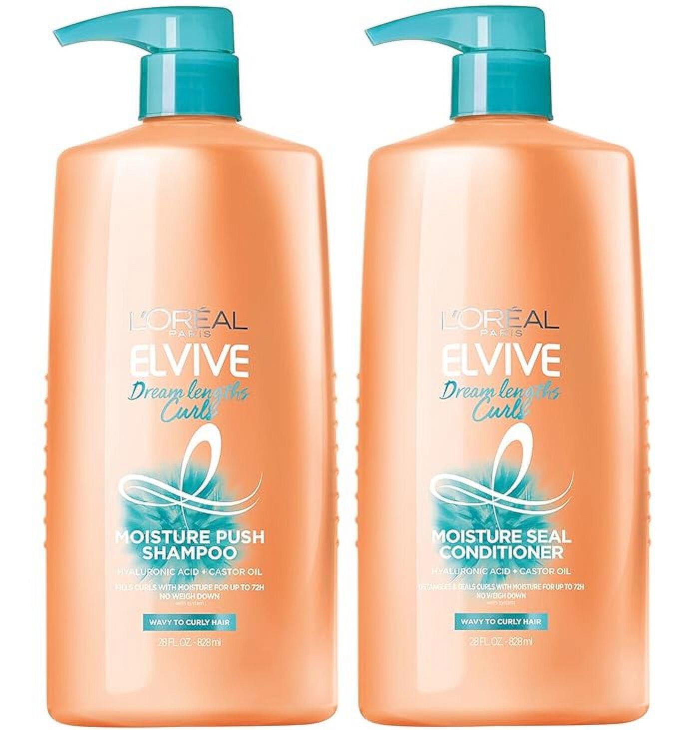 L'Oreal Paris Elvive Dream Lengths Curls Moisture Push Shampoo and Moisture Seal Conditioner Set, Paraben-Free with Hyaluronic Acid and Castor Oil. Wavy to curly hair