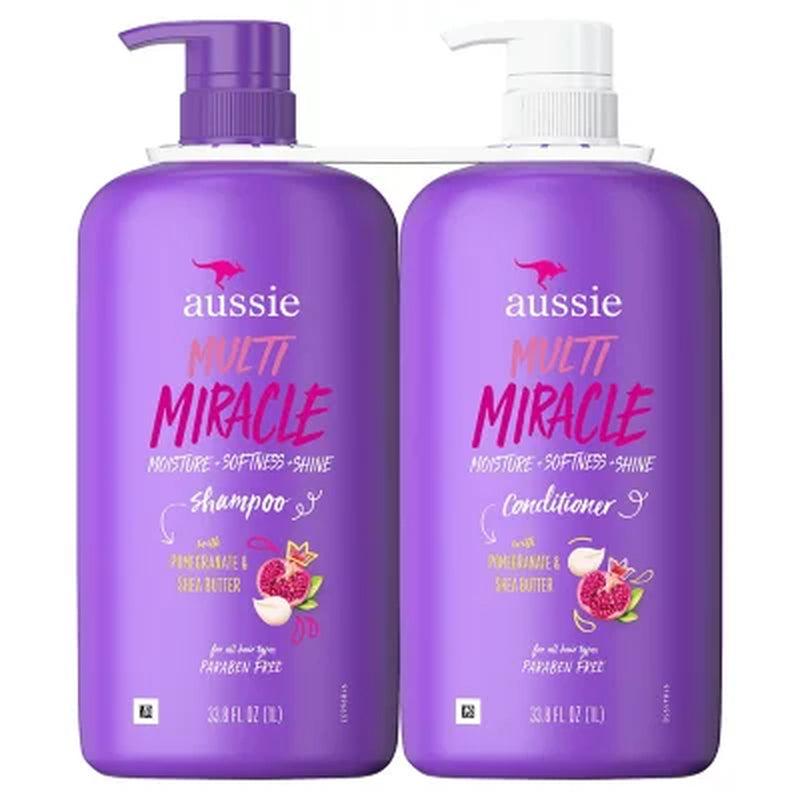 Aussie Multi Miracle Shampoo and Conditioner Moisture + Softness + Shine, 33.8 Fl. Oz., 2 Pk.