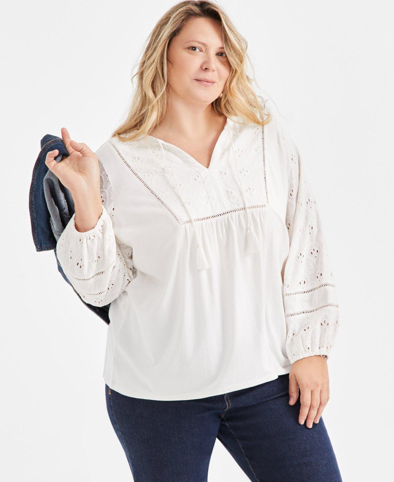 Женская Блузка Style & Co Plus Size Split-Neck Eyelet-Trim