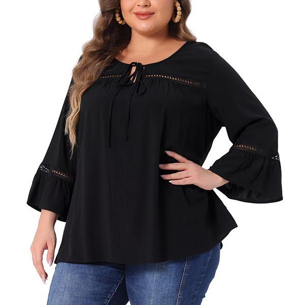 Женская Блузка Agnes Orinda Plus Size Топ с Шнуровкой и Вставкой Кружева 3/4 Фланелевый Рукав