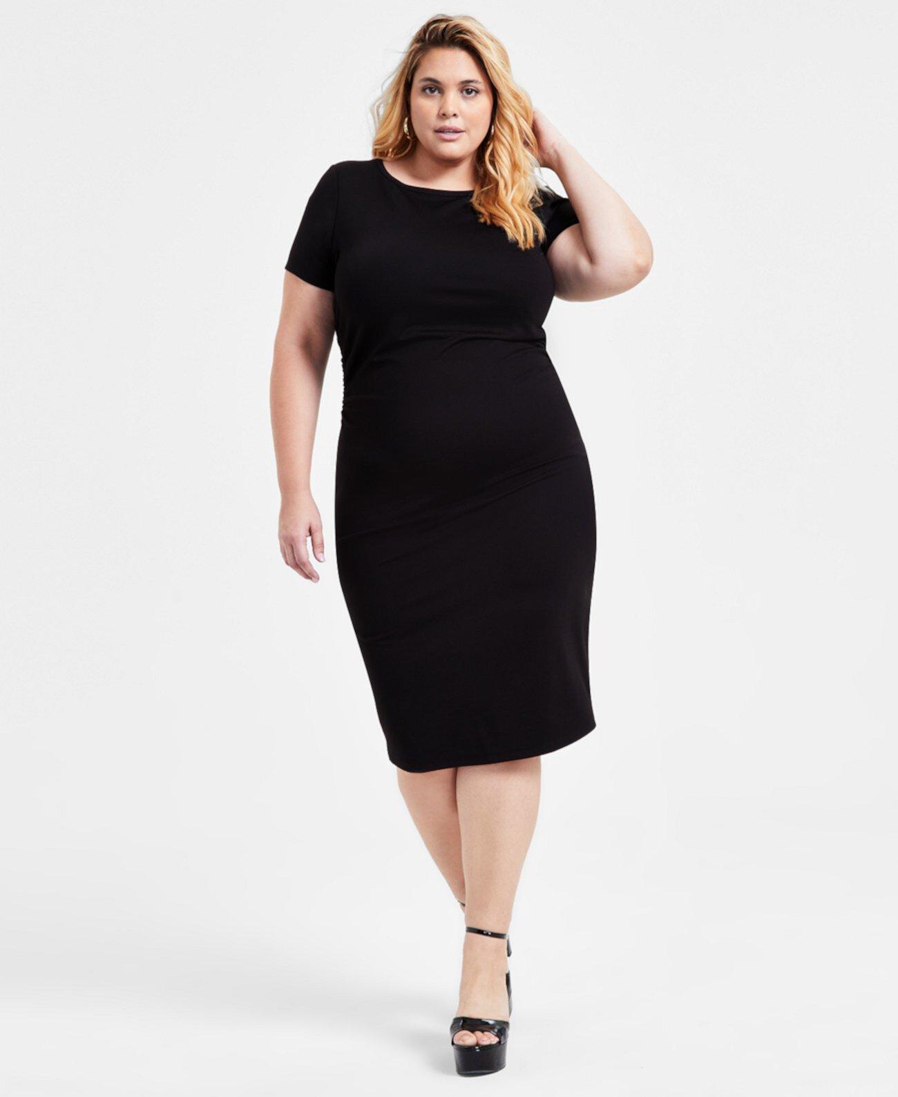 Trendy Plus Size Ponte Ruched Short-Sleeve Midi Dress, Exclusively at Macy's