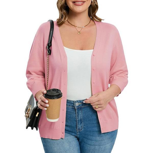 Women's Plus Size Cardigan Open Front Oversized Button Sweaters V Neck 3/4 Sleeve Knit Outwear