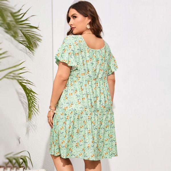 Plus Size Summer Dress Womens Plus Size Clothing Square Neck Dress Ruffle Sleeve Plus Size Dress