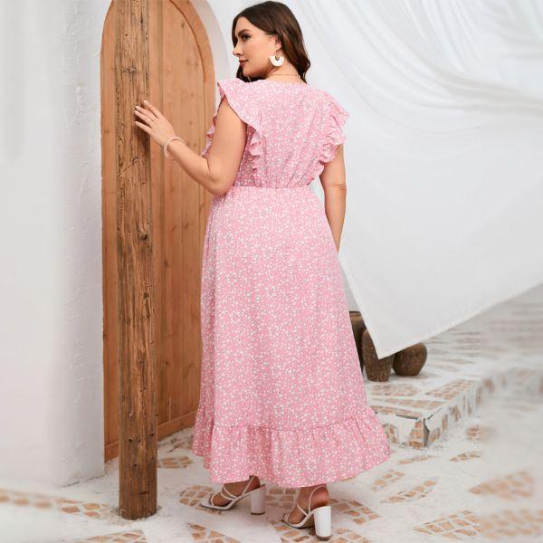 Women's Plus Size Summer Dress With Pocket Ruffle Cap Sleeve V Neck Side Split Long Beach Maxi Dress