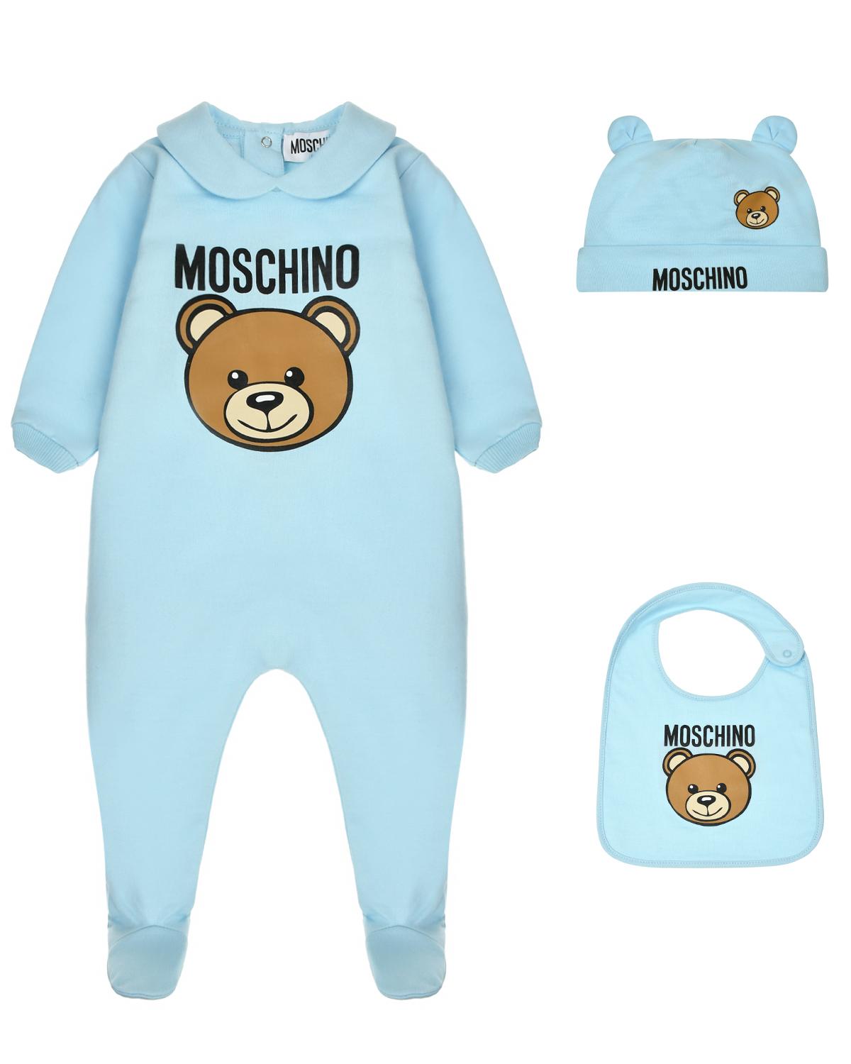 Комплект: комбинезон, слюнявчик, шапка, голубой Moschino