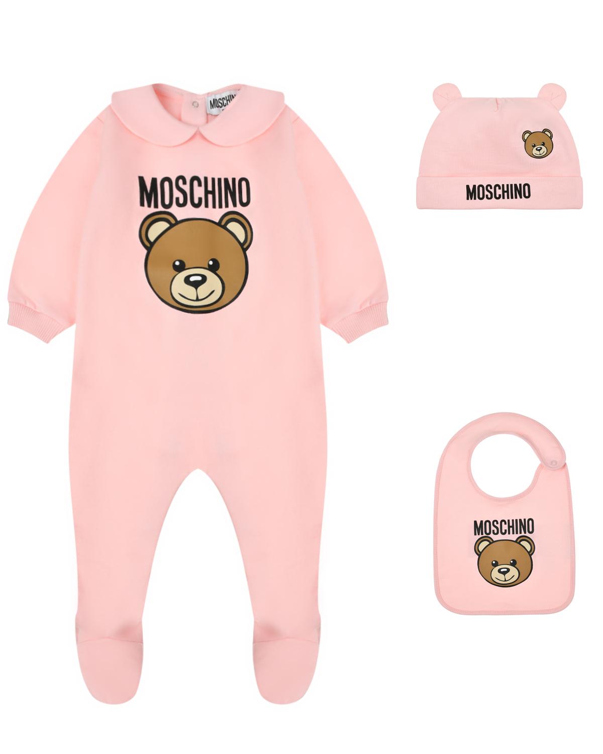 Комплект: комбинезон, слюнявчик, шапка, розовый Moschino