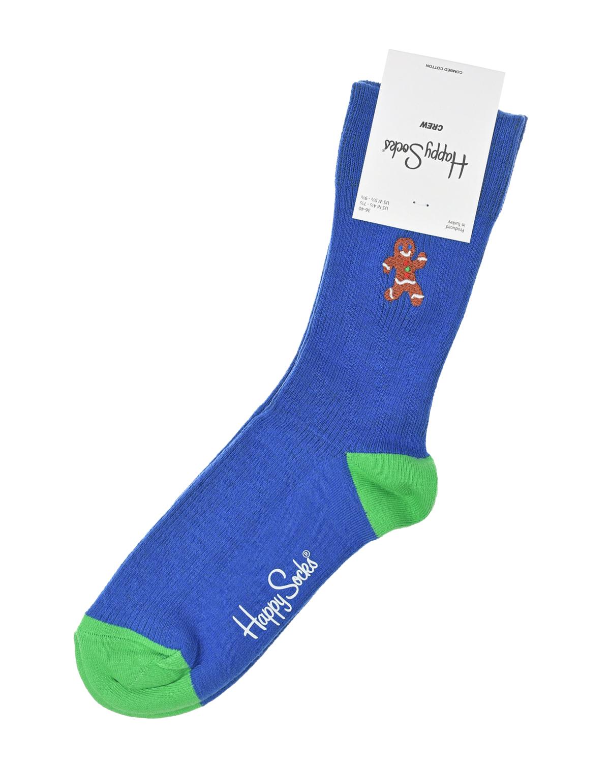 Синие носки с вышивкой "пряник" Happy Socks