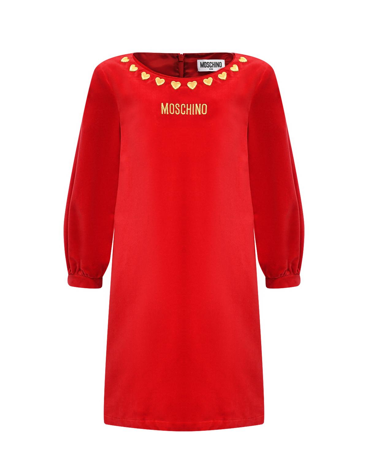 Вельветовое платье с золотыми сердечками, красное Moschino