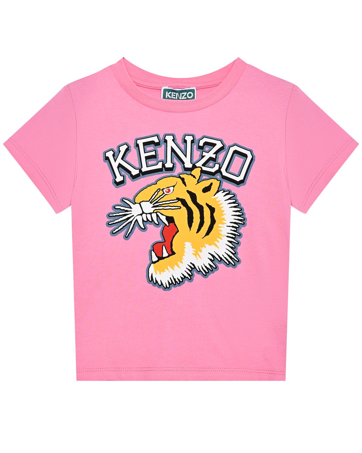 Футболка с принтом "тигр" и лого, розовая KENZO