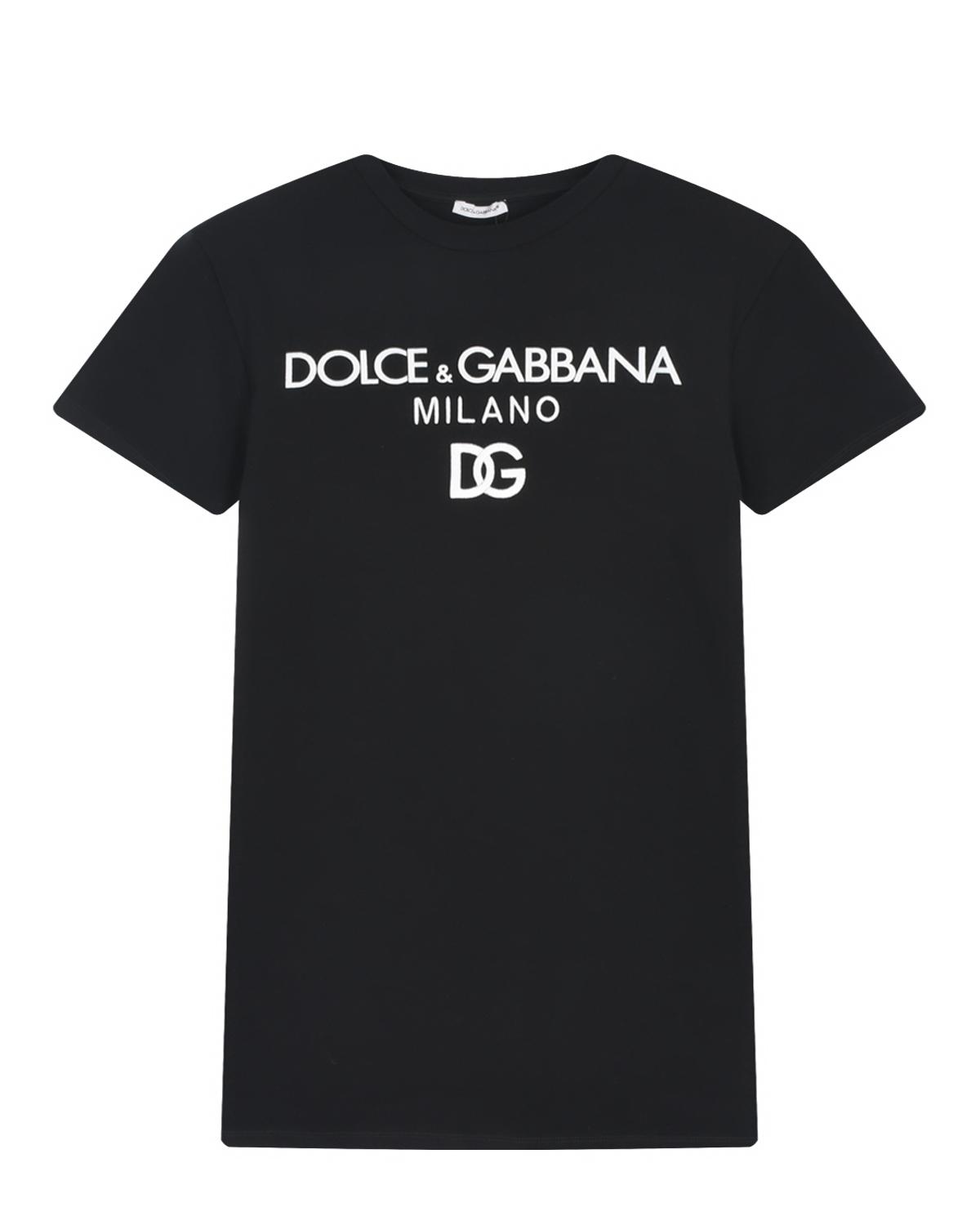 Черное платье-футболка с белым лого Dolce&Gabbana