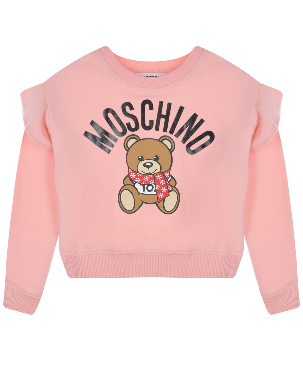 Розовый свитшот с принтом "мишка в шарфике" Moschino