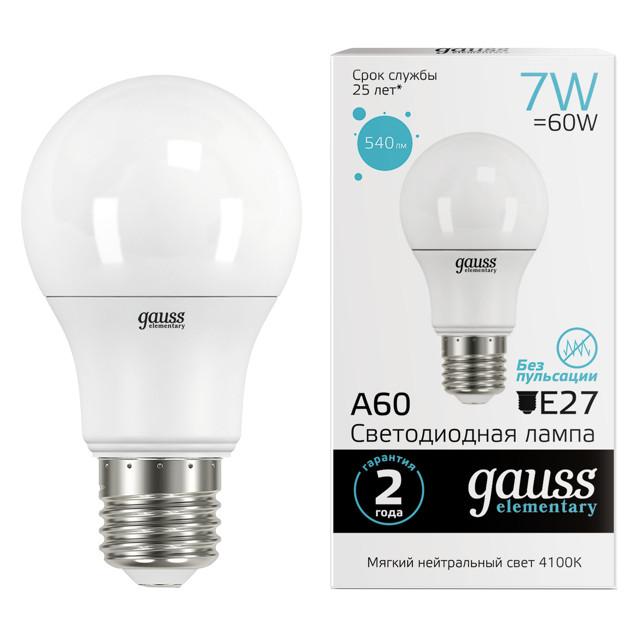 лампа GAUSS Elementary 7Вт E27 LED 540Лм 4100K A60 груша