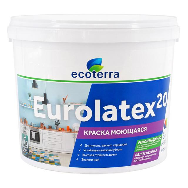 ECOTERRA | краска акриловая ECOTERRA Eurolatex 20 для стен и потолков моющаяся 6кг белая, арт.ЭК000135297