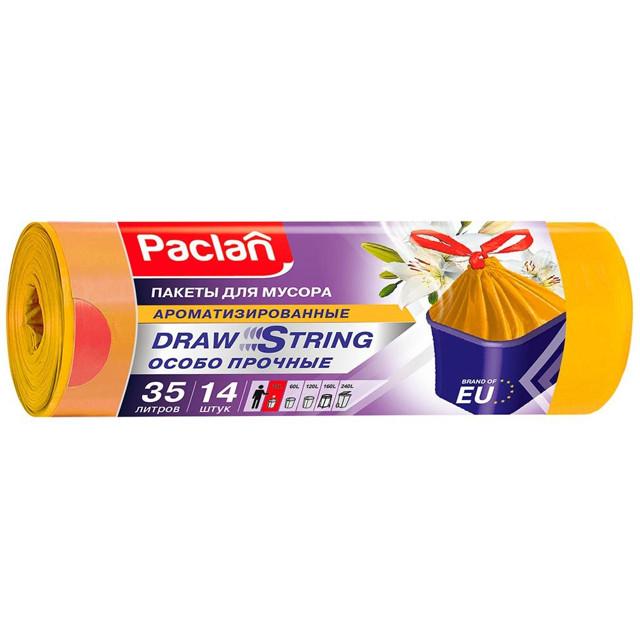 пакеты для мусора PACLAN Draw String 35л 50x66см 15мкм 14шт ароматиз. с завязками желтые