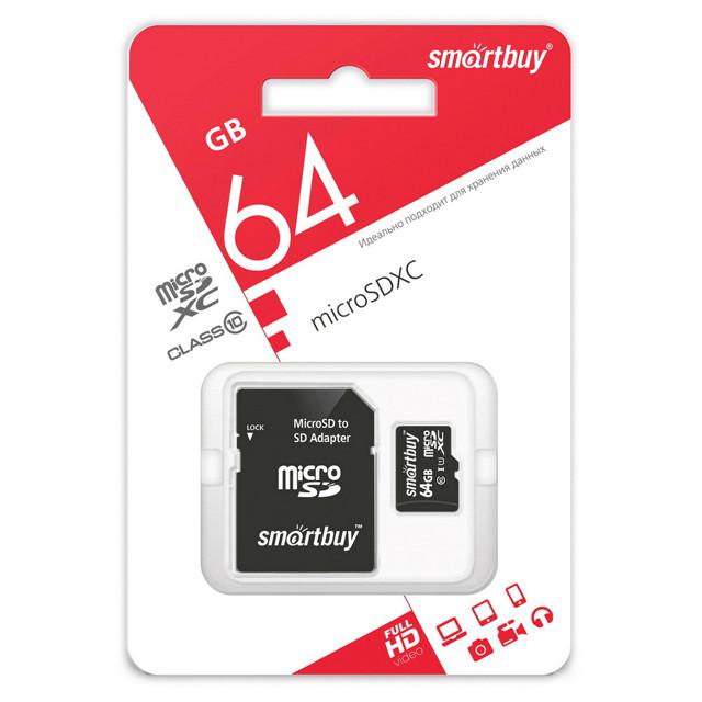 карта памяти micro SDXC SMARTBUY 64GB Class 10 с адаптером LE