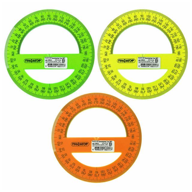 транспортир ПИФАГОР 12см 360 градусов прозрачный неон пластик в асс-те