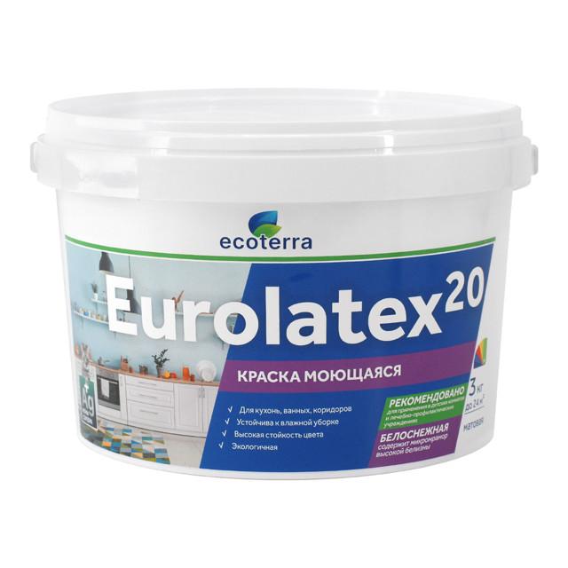 ECOTERRA | краска акриловая ECOTERRA Eurolatex 20 для стен и потолков моющаяся 3кг белая, арт.ЭК000135296