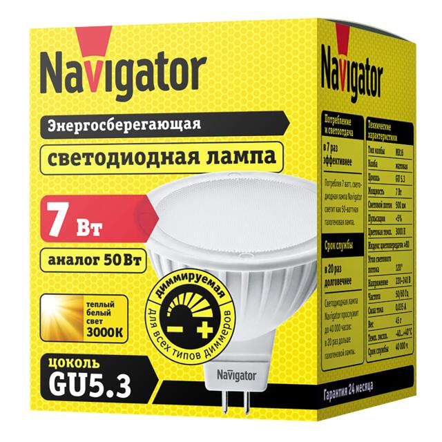 лампа светодиодная Navigator 7Вт GU5,3 3000К 230В MR16 DIMM MR5