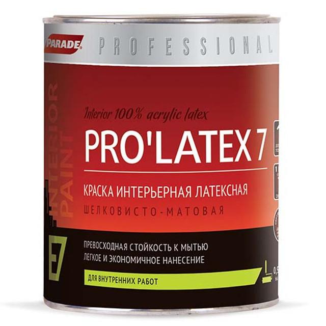 краска латексная PARADE Pro latex Е7 шелковисто-матовая белая 0,9л, арт.0005959