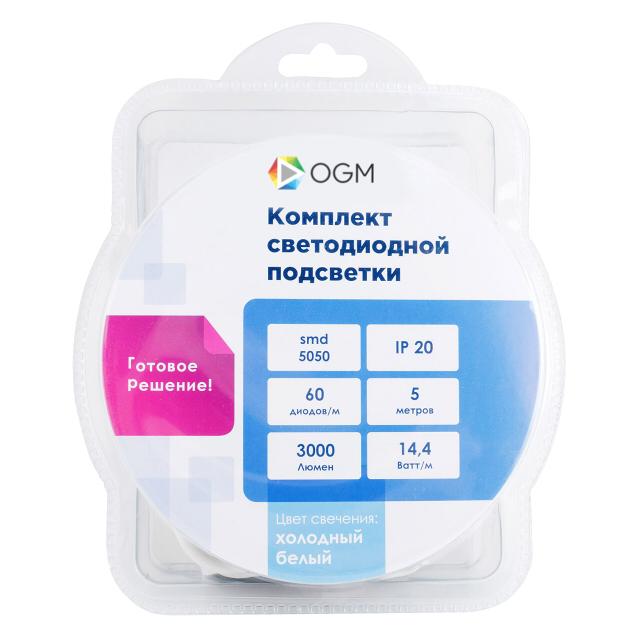 лента светодиодная комплект OGM 12В 72Вт 5050 60д/м IP20 5м холодный