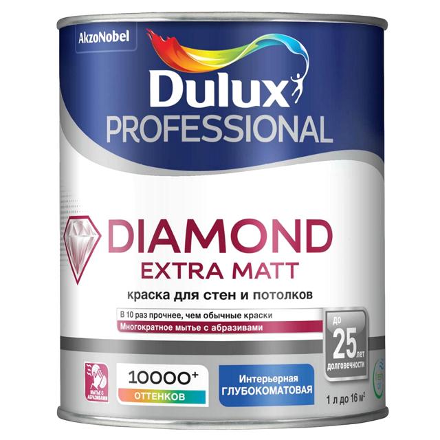 краска в/д DULUX Trade Diamond Extra matt база BW для стен и потолков 1л белая, арт.5273931