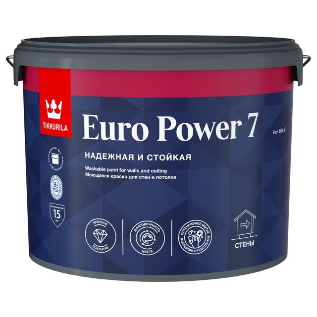 краска акриловая TIKKURILA Euro Power 7 для стен и потолков база А 9л белая, арт.700001121