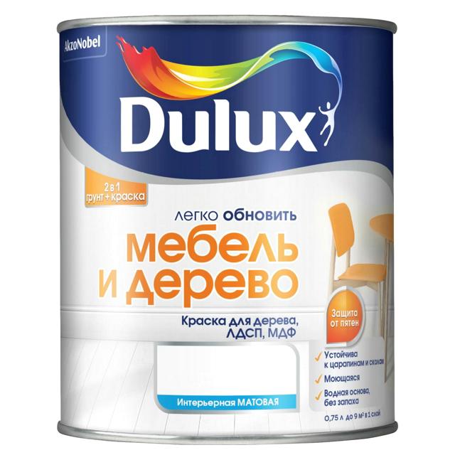 краска в/д DULUX Мебель и Дерево база BW 0,75л белая, арт.5327291