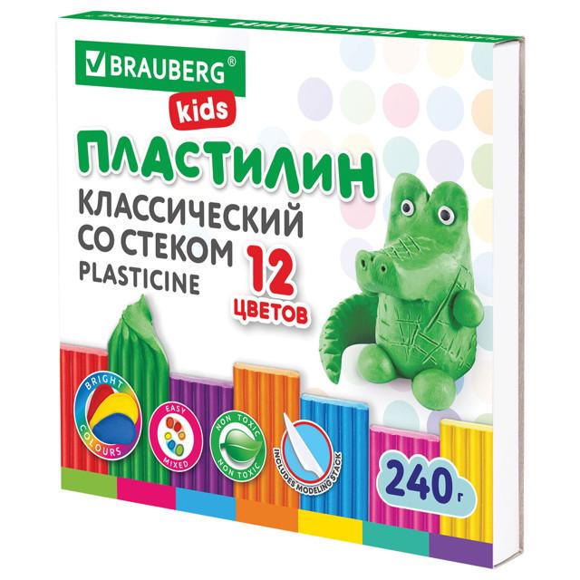 пластилин BRAUBERG классический 12цв 240г со стеком