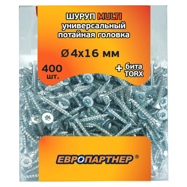 шуруп MULTI универсальный потайная головка 4х16 ZN TORX15 400шт + бита