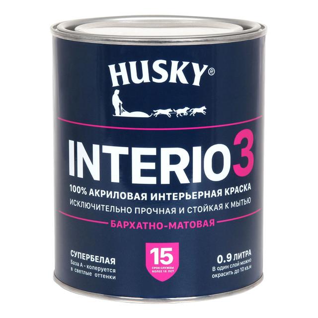 краска акриловая HUSKY INTERIO 3 для стен и потолков база А бархатно-матовая 0,9л, арт.32241