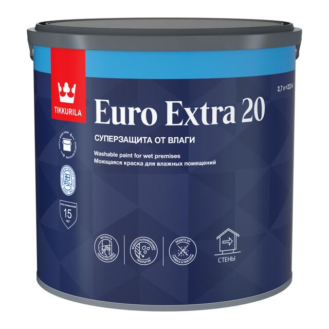 краска акриловая TIKKURILA Euro Extra 20 для стен и потолков база С 2,7л бесцветная, арт.700001109