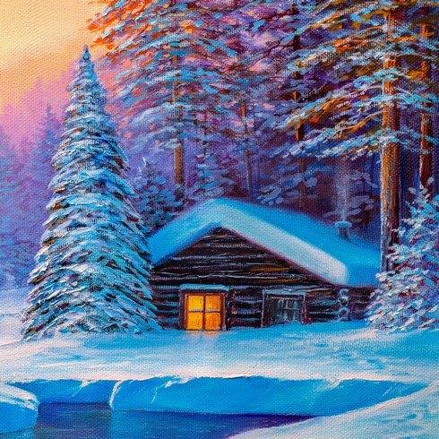Холст с красками 20x20см по номерам (14 цв.) Дом на лесной заснеженной опушке (Арт. ХК-2304)