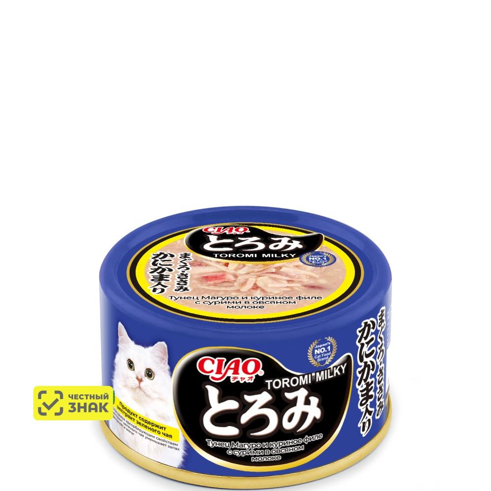 INABA CIAO Toromi Влажный корм (консервы) для кошек, тунец магуро, куриное филе с сурими в овсяном молоке, 80 гр.